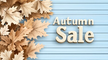 A colorful autumn sale poster showcases leaves and acorns against a wooden backdrop, promoting seasonal discounts and events.