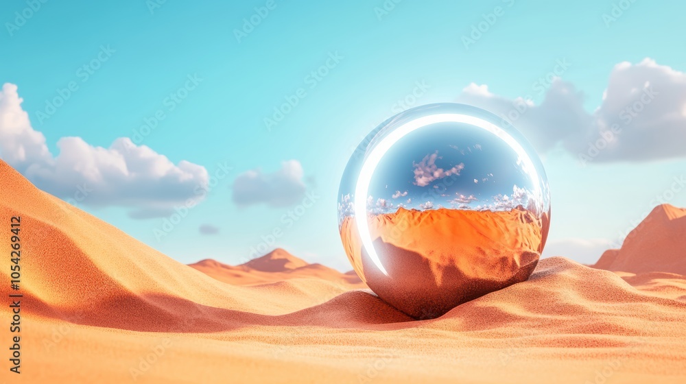 Poster a massive, metallic sphere, half buried in the sand, emits a pulsating light, creating a surreal ima