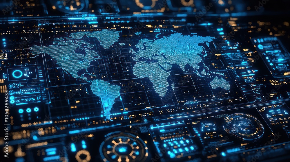 Poster a digital map of the world illuminated on a futuristic interface