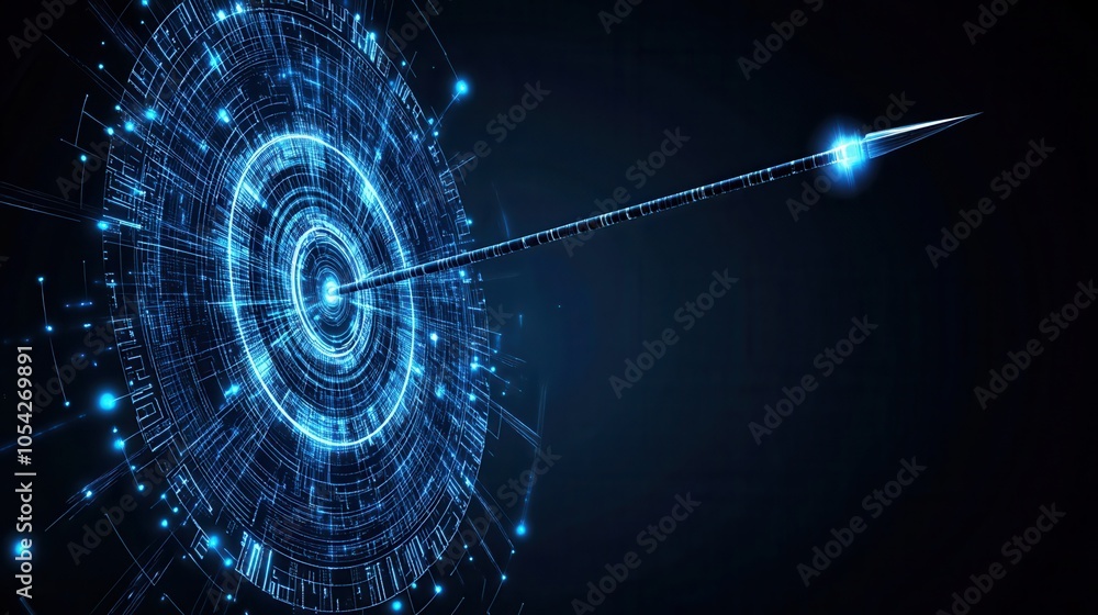 Poster futuristic digital design featuring an abstract circular pattern with a blue light beam, representin