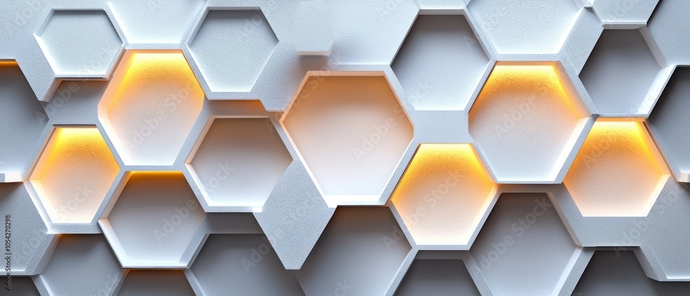 Poster abstract pattern of illuminated hexagon shapes on a white wall
