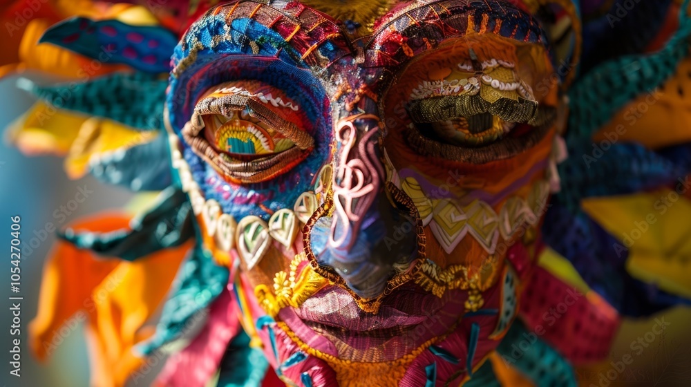 Poster the intricate details of a students papiermã¢chã© mask highlighted in a closeup shot of its colorful