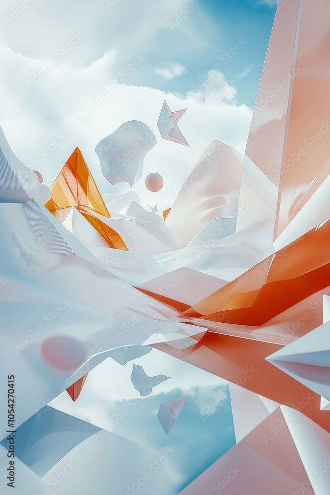 Poster red blue geometric shapes float amidst soft clouds, creating vibrant abstract art. dynamic color con