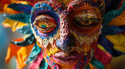 Fototapeta premium Misterne detale papier-mâché wykonanej przez ucznia maski zostały uwiecznione na zdjęciu z bliska, ukazującym jej kolorowy i wyjątkowy wzór.