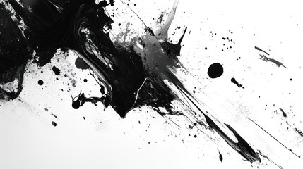 Abstract black and white splatter art with dynamic brush strokes and textures.