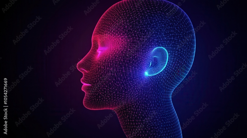 Poster futuristic digital head profile with glowing mesh design, showcasing modern technology and artificia