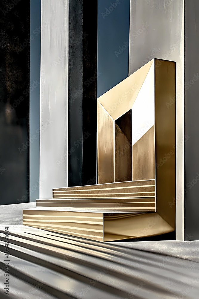 Poster golden architectural block shines in modern space, casting shadows with precision. minimalism in for