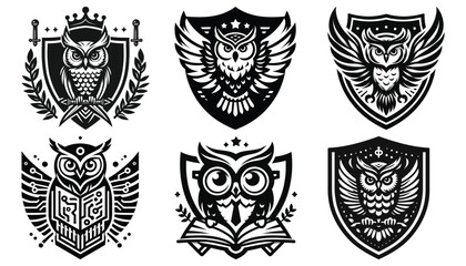 Fototapeta premium Black and white owl crests vector illustration, ornate emblems, perfect for branding designs