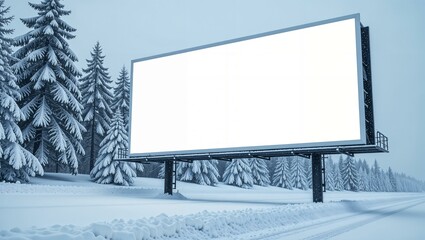 Fototapeta premium White empty billboard near the road, snowy winter, clean and minimalist design, large and empty, ready for custom text or graphics. horizontal advertisement mockup
