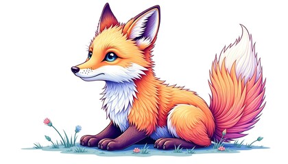 Obraz premium Charming cartoon fox sitting in a meadow, vibrant colors, playful illustration for wildlife concept