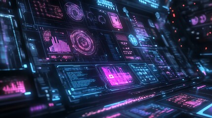 Obraz premium Futuristic holographic AI interface with digital blueprint elements and technology symbols