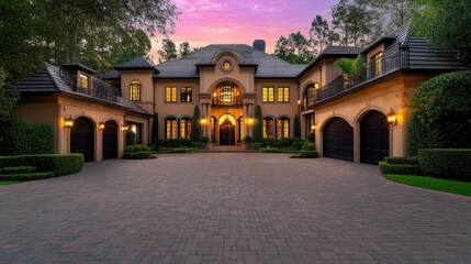 Obraz premium A stunning modern luxury home features elegant stone and wood details, illuminated windows, and a spacious driveway at dusk