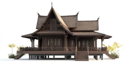 Traditional Thai House with Modern Twist - A Thai-inspired house isolated on white, featuring an elevated structure, high-sloping roofs, 