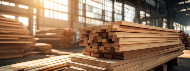 Fototapeta premium Stacks of wooden planks in warehouse with sunlight streaming through windows, creating warm atmosphere