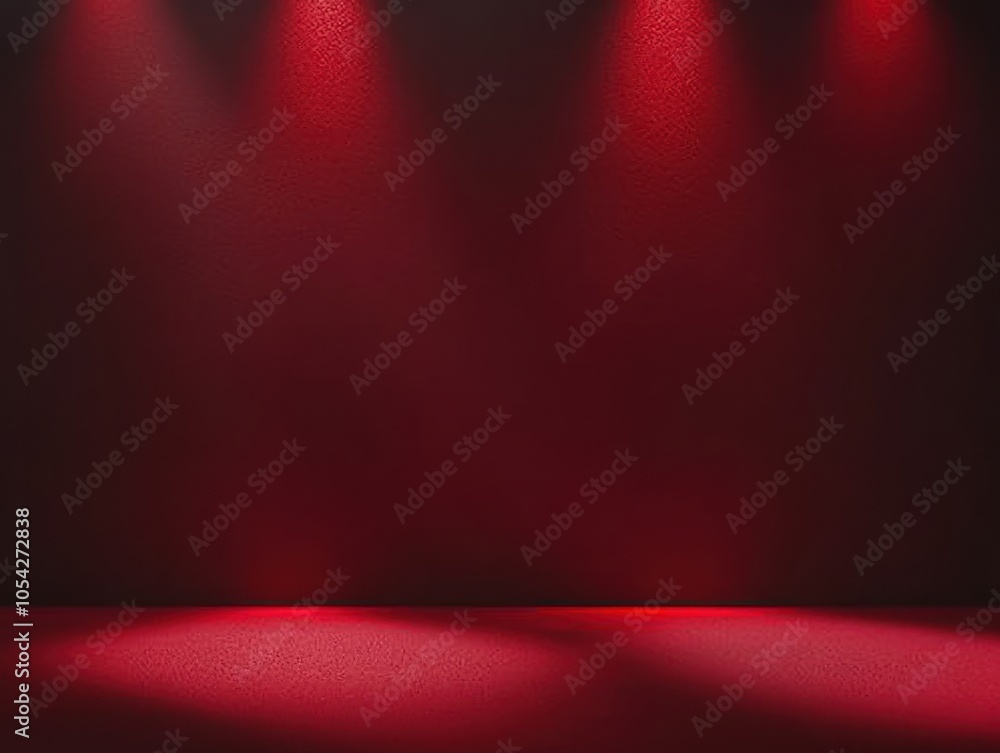 Poster red stage background, spotlight on the center of the image, dark red gradient background, empty spac