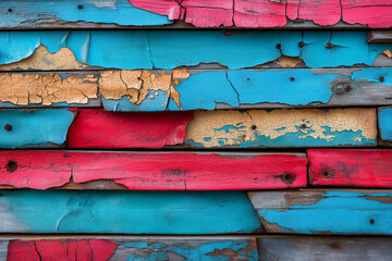 Colorful layers of peeling paint on worn wood tell a story of decay and beauty in a vibrant urban landscape