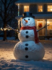 Obraz premium Snowman in a yard decorated with Christmas lights, snow falling gently.