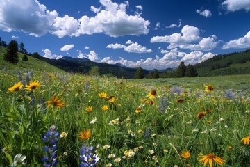 Vibrant Meadow Beneath Majestic Mountain Peaks and Scenic Clouds