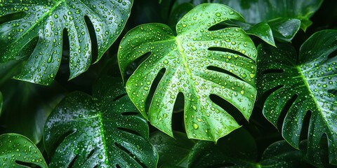 Fototapeta premium Close-up of Lush Green Leaves Covered in Water Droplets