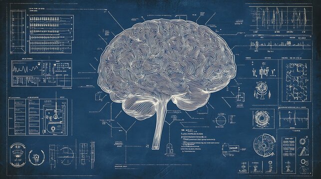 AI brain with blueprint overlay, highlighting data processing and analytics icons