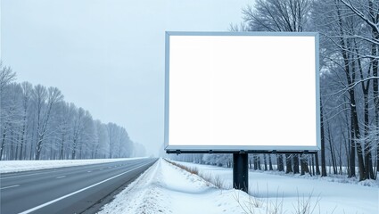 White empty billboard near the road, snowy winter, clean and minimalist design, large and empty, ready for custom text or graphics. horizontal advertisement mockup