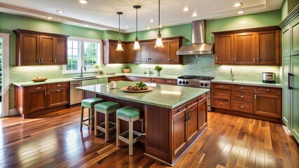 Fototapeta premium Warm kitchen with mint green walls, cherry wood cabinets, and a large central island