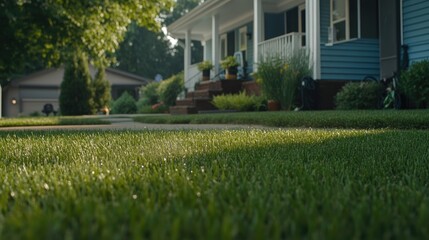 Obraz premium A water sprinkler nourishes the vibrant grass while an old house stands blurred in the background, creating a serene outdoor atmosphere