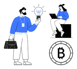 Fototapeta premium Businessman holding a lit light bulb and briefcase, woman sitting on a block using a laptop, Bitcoin symbol representing cryptocurrency. Ideal for finance, innovation, technology, teamwork