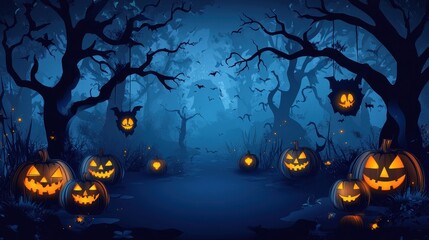 Fototapeta premium Spooky Halloween Forest with Jack-o'-Lanterns