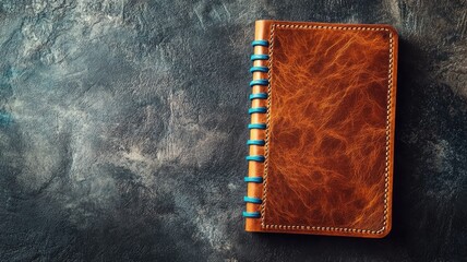 Leather-bound notebook with blue spiral binding on textured background