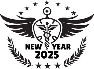 Obraz premium Happy New Year 2025 Medical Logo with Wings silhouette vector design