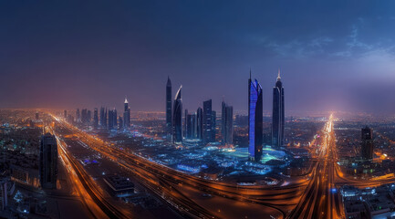 Fototapeta premium stunning panoramic view of modern city skyline at night, showcasing illuminated skyscrapers and vibrant city lights. scene captures energy and beauty of urban life
