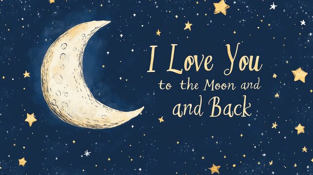 Hand-drawn moon and stars with romantic message against navy sky
