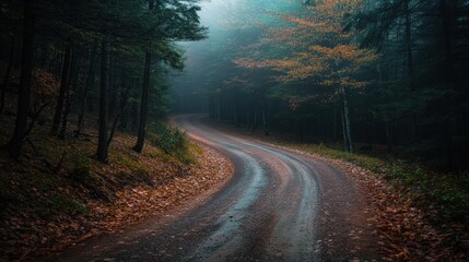 A winding dirt road through a misty forest, surrounded by autumn foliage.
