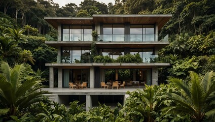 Fototapeta premium Two-story house surrounded by lush greenery.