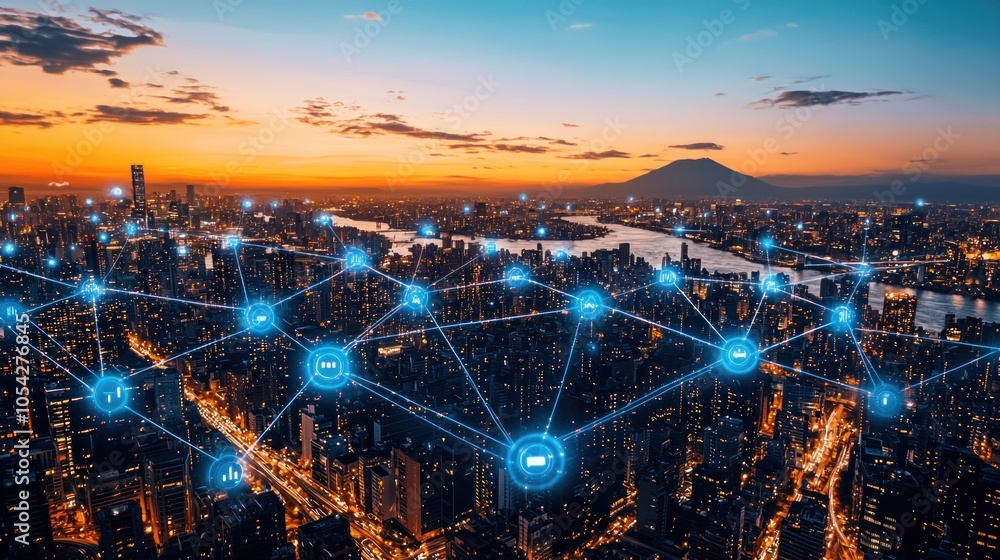 Aufkleber Connected Cityscape with Illuminated Buildings and Interconnected Networks at Twilight