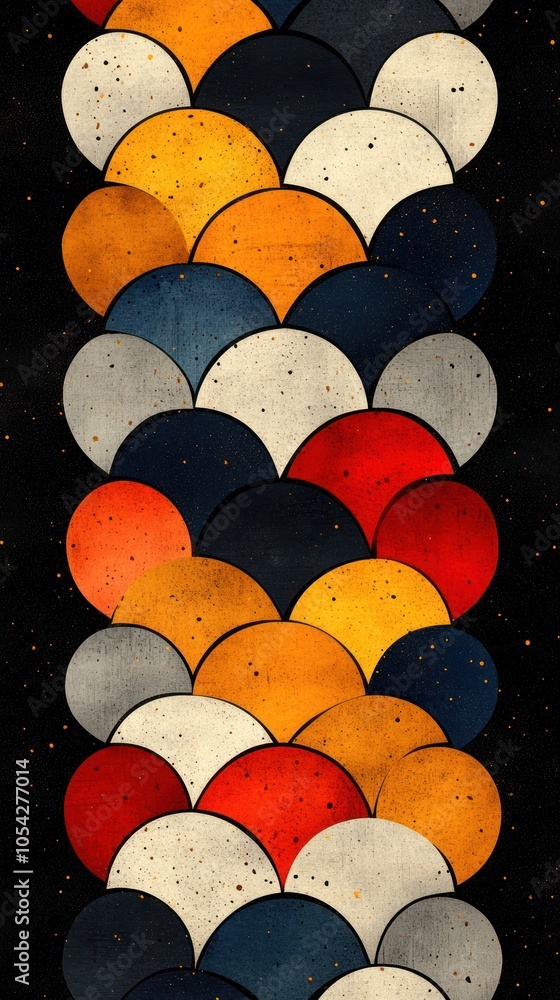Poster abstract pattern of interlocking colorful arcs on a black background