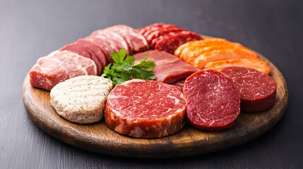 An assortment of mock meats made from soy protein, elegantly arranged on a wooden platter with a sprig of coriander.