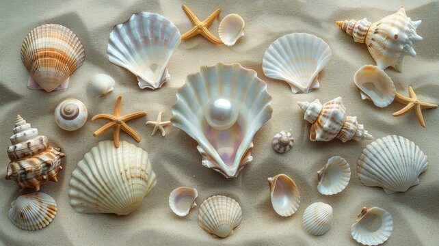 Various seashells and starfish on sandy beach