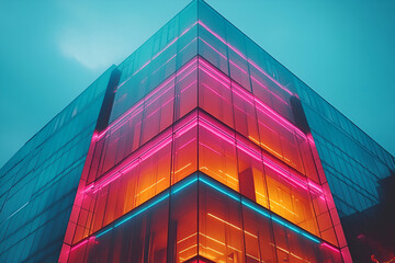 A modern glass building illuminated with vibrant pink and orange lights, showcasing a sleek design against a blue-toned sky.