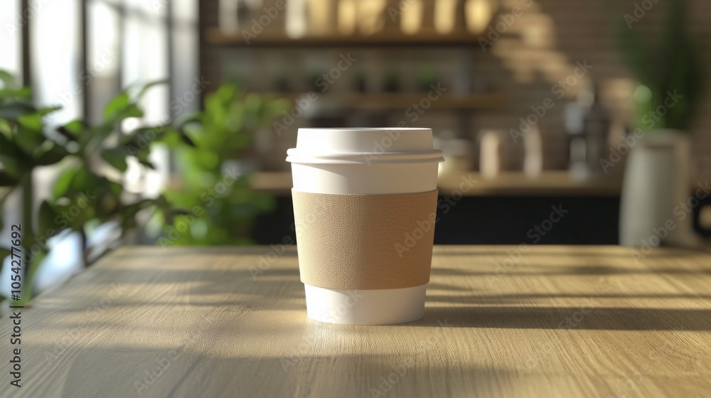 Leinwandbilder A paper coffee cup sits on a rustic wooden table inside a cozy cafe. Sunlight streams through large windows, creating a serene atmosphere filled with greenery and warm tones.