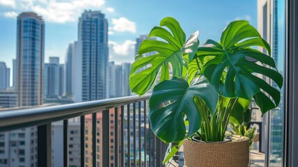 Fototapeta premium Monstera plant on balcony overlooking urban skyline with high-rise buildings