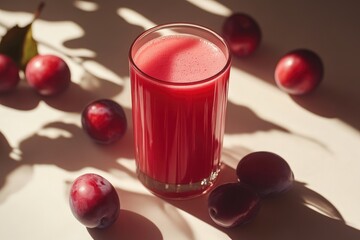 Sun-Kissed Plum Juice with Plums on a Neutral Background