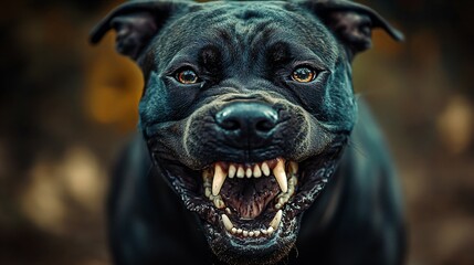 Obraz premium an angry aggressive pit bull terrier type dog snarling at the camera with sharp teeth
