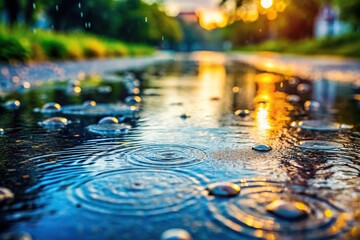 Warm summer rain falling on asphalt