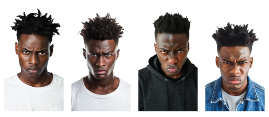 Portrait of young beautiful black man with angry expression, isolated on transparent background, generative ai