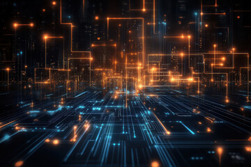 Obraz premium futuristic digital landscape with glowing lines and circuits, showcasing technology and innovation. vibrant blue and orange lights create dynamic atmosphere