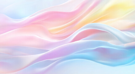 Fototapeta premium Soft pastel waves of fabric create serene and calming background, blending colors like pink, blue, and yellow in gentle flow. Ideal for soothing designs
