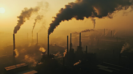 Obraz premium Industrial skyline at sunset with smoke rising from multiple chimneys along the riverbank