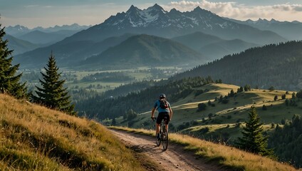 Obraz premium A cyclist on a mountain trail with a scenic backdrop.